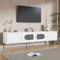 Btm White Modern Tv Stand With Glass Doors 4 Doors Storage Cabinet For 70 Inch Tv 170 X 35 X 50 Cm - thumbnail 3