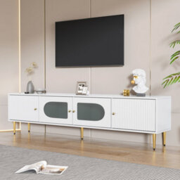 Btm White Modern Tv Stand With Glass Doors 4 Doors Storage Cabinet For 70 Inch Tv 170 X 35 X 50 Cm - thumbnail 2
