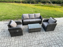 Fimous Outdoor Rattan Garden Furniture Set 5 Seater Patio Lounge Sofa Set With Rectangular Coffee Table Dark Grey Mixed - thumbnail 2