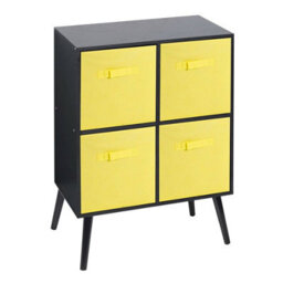 Urbn-Living Urbnliving 61Cm Height 4 Cube Black Wooden Bookcase With Black Legs Shelf Storage Yellow Drawers