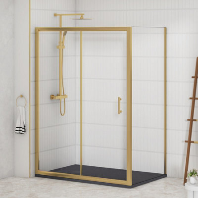 Royal Bathrooms Venice 1000 X 800mm Brushed Brass Sliding Door Shower Enclosure With Grey Stone Shower Tray & Side Panel 6mm Safety Tempered Glass - image 1