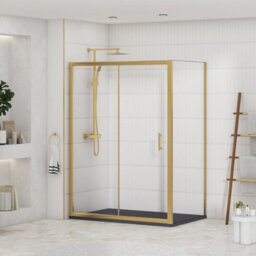 Royal Bathrooms Venice 1000 X 800mm Brushed Brass Sliding Door Shower Enclosure With Grey Stone Shower Tray & Side Panel 6mm Safety Tempered Glass - thumbnail 3