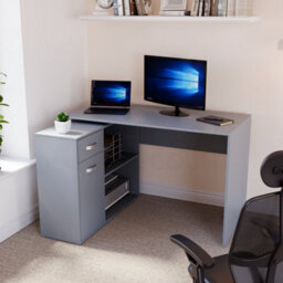 Lassic Vida Designs Longton Grey Adjustable L-Shaped Computer Desk With Shelves, Drawer And Door