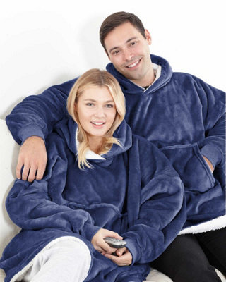 Country Club Eskimo Sherpa Lined Blanket Fleece Hoodie Navy Cosy