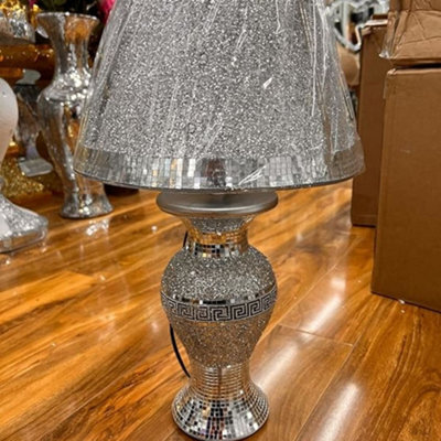 Biznest Full Border Base & Shade Silver Glitter Jewel Diamond Table With Lamp Shade Ornament Home Gift