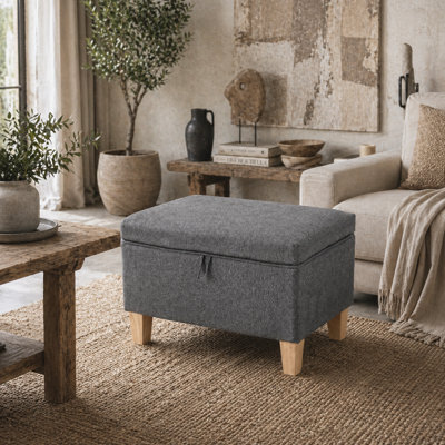 Wyld Haus Doma Charcoal Grey Linen-Look Compact Storage Footstool With Natural Wooden Legs - image 1