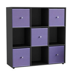 Urbn-Living 9 Cube Black Wooden Bookcase Shelving Unit With 5 Collapsible Fabric Drawers Lilac