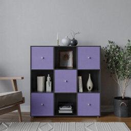 Urbn-Living 9 Cube Black Wooden Bookcase Shelving Unit With 5 Collapsible Fabric Drawers Lilac - thumbnail 2