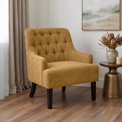 Compact Chenille Gold Accent Chair With Buttons Lydia - Classic Fabric Armchair, Doorstep Delivery - image 1