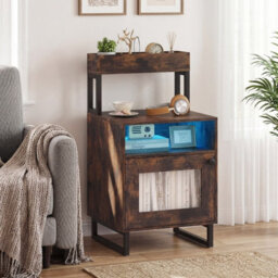 Gainoom Nightstand With Led Lights Modern End Table Freestanding Bedside Table With Heavy-Duty Metal Frame Rustic Brown - thumbnail 3