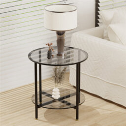 Artloge 50X49.5Cm 2 Tier Round Sofa Side End Table Tempered Glass Top Snack Coffee Laptop Desk