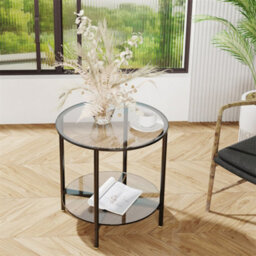 Artloge 50X49.5Cm 2 Tier Round Sofa Side End Table Tempered Glass Top Snack Coffee Laptop Desk - thumbnail 7