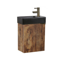 Homestylestore 400mm Dark Oak Wall Hung Bathroom Vanity Unit Black Basin And Aged Gold Finger Pull Handle
