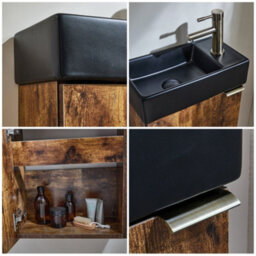 Homestylestore 400mm Dark Oak Wall Hung Bathroom Vanity Unit Black Basin And Aged Gold Finger Pull Handle - thumbnail 2
