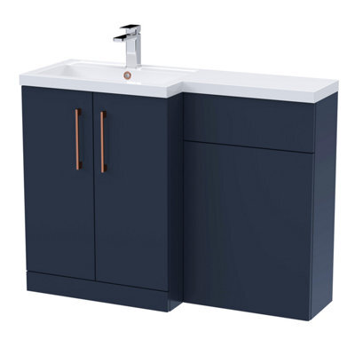 Balterley Left-Hand Bathroom Vanity And Wc Unit Combination With Basin - 1100mm - Satin Dark Blue With Copper Handles - image 1