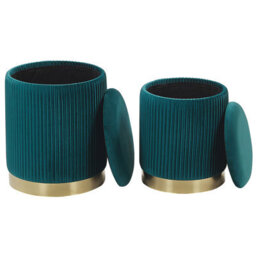 Beliani Teal Velvet Storage Pouffes Set Of 2 With Gold Base - Tufted Round Pouffes With Hidden Storage - thumbnail 3
