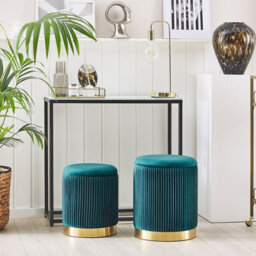 Beliani Teal Velvet Storage Pouffes Set Of 2 With Gold Base - Tufted Round Pouffes With Hidden Storage - thumbnail 2