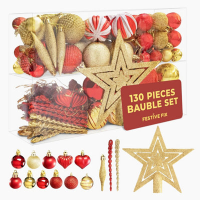 Festive Fix Christmas Baubles Set 130 Piece Red & Gold Decorations With Tree Topper Complete Tree Decoration Set Premium Holiday - image 1