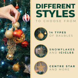 Festive Fix Christmas Baubles Set 130 Piece Red & Gold Decorations With Tree Topper Complete Tree Decoration Set Premium Holiday - thumbnail 3