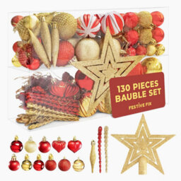 Festive Fix Christmas Baubles Set 130 Piece Red & Gold Decorations With Tree Topper Complete Tree Decoration Set Premium Holiday