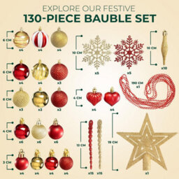 Festive Fix Christmas Baubles Set 130 Piece Red & Gold Decorations With Tree Topper Complete Tree Decoration Set Premium Holiday - thumbnail 2