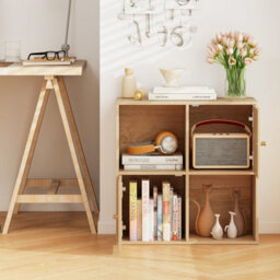Costway 4-Cube Bookcase 3-Tier Bookshelf Storage Organizer W/2 Cabinets-Natural - thumbnail 3
