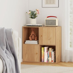 Costway 4-Cube Bookcase 3-Tier Bookshelf Storage Organizer W/2 Cabinets-Natural - thumbnail 4