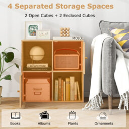 Costway 4-Cube Bookcase 3-Tier Bookshelf Storage Organizer W/2 Cabinets-Natural - thumbnail 9