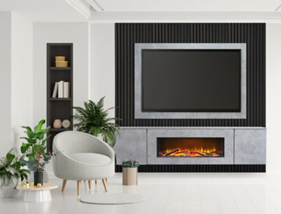 Acantha Orion Xo Electric Floating Media Wall Suite In Concrete Effect With Tv Board & Black Oak Wall Panels - image 1