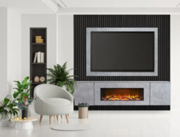 Acantha Orion Xo Electric Floating Media Wall Suite In Concrete Effect With Tv Board & Black Oak Wall Panels