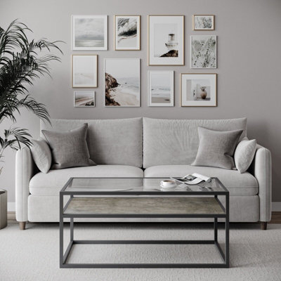 Urbn-Living Urbnliving Height 45Cm Concrete Colour Glass Display Top Coffee Table With Steel Frame Reversible Wooden Storage Shelf - image 1