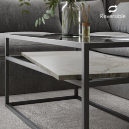 Urbn-Living Urbnliving Height 45Cm Concrete Colour Glass Display Top Coffee Table With Steel Frame Reversible Wooden Storage Shelf - thumbnail 4