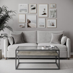 Urbn-Living Urbnliving Height 45Cm Concrete Colour Glass Display Top Coffee Table With Steel Frame Reversible Wooden Storage Shelf