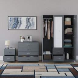Lassic Vida Designs Riano 3 Piece Bedroom Set (2 Drawer Bedside Chest, 4 Drawer Chest, 3 Door 2 Drawer Mirrored Wardrobe), Grey - thumbnail 2