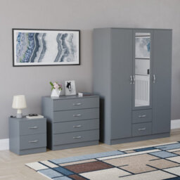 Lassic Vida Designs Riano 3 Piece Bedroom Set (2 Drawer Bedside Chest, 4 Drawer Chest, 3 Door 2 Drawer Mirrored Wardrobe), Grey - thumbnail 6