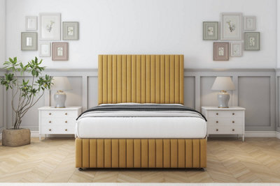 "Comfort Khloe Mustard Plush Divan Bed Set 2 Drawers Left Side - 26"" Strutted & 12"" Footboard 4' Small Double" - image 1
