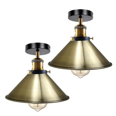 2 Pack Vintage Semi Flush Mount Ceiling Light E27 Metal Green Brass Cone Shade For Indoor With Bulb - image 1