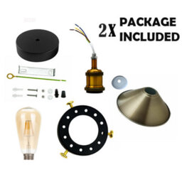 2 Pack Vintage Semi Flush Mount Ceiling Light E27 Metal Green Brass Cone Shade For Indoor With Bulb - thumbnail 6