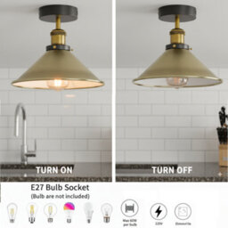 2 Pack Vintage Semi Flush Mount Ceiling Light E27 Metal Green Brass Cone Shade For Indoor With Bulb - thumbnail 5