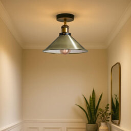 2 Pack Vintage Semi Flush Mount Ceiling Light E27 Metal Green Brass Cone Shade For Indoor With Bulb - thumbnail 4