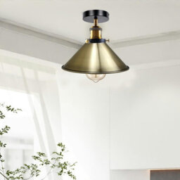 2 Pack Vintage Semi Flush Mount Ceiling Light E27 Metal Green Brass Cone Shade For Indoor With Bulb - thumbnail 2