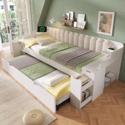 Btm 4Ft6 Double Daybed 135 Plus 90 X 190 Cm With Pull Out Trundle Storage Cabinet Usb C Charging White No Mattress - thumbnail 8