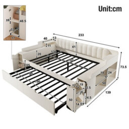 Btm 4Ft6 Double Daybed 135 Plus 90 X 190 Cm With Pull Out Trundle Storage Cabinet Usb C Charging White No Mattress - thumbnail 2