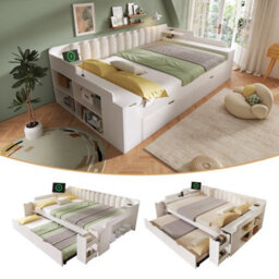 Btm 4Ft6 Double Daybed 135 Plus 90 X 190 Cm With Pull Out Trundle Storage Cabinet Usb C Charging White No Mattress - thumbnail 1