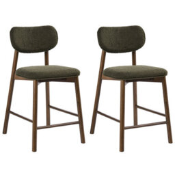 Wyld And Coco Boucle Two-Piece Brown-Green Bar Chairs Set - Supportive Backrest, Rubberwood Frame, Lacquered Finish - thumbnail 1