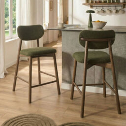 Wyld And Coco Boucle Two-Piece Brown-Green Bar Chairs Set - Supportive Backrest, Rubberwood Frame, Lacquered Finish - thumbnail 2