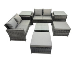 Fimous Pe Rattan Garden Furniture Set Lounge Double Seat Sofa Coffee Table Set With 2 Side Tables 2 Big Stools Dark Grey Mixed - thumbnail 2