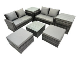 Fimous Pe Rattan Garden Furniture Set Lounge Double Seat Sofa Coffee Table Set With 2 Side Tables 2 Big Stools Dark Grey Mixed - thumbnail 1
