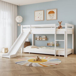 Btm Cabin Bunk Bed With Slide Adjustable Ladder And Lower Bed 190X90Cm Plus 200X90Cm White  For Kids And Teen - thumbnail 2