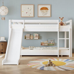 Btm Cabin Bunk Bed With Slide Adjustable Ladder And Lower Bed 190X90Cm Plus 200X90Cm White  For Kids And Teen - thumbnail 4